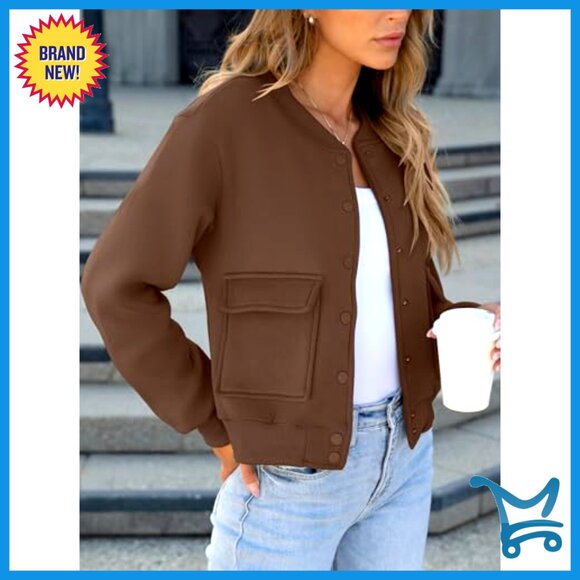 Cropped Bomber Jacket Casual Varsity Y2K Fashion Loose Fit Button Down Pockets - Picture 3 of 7